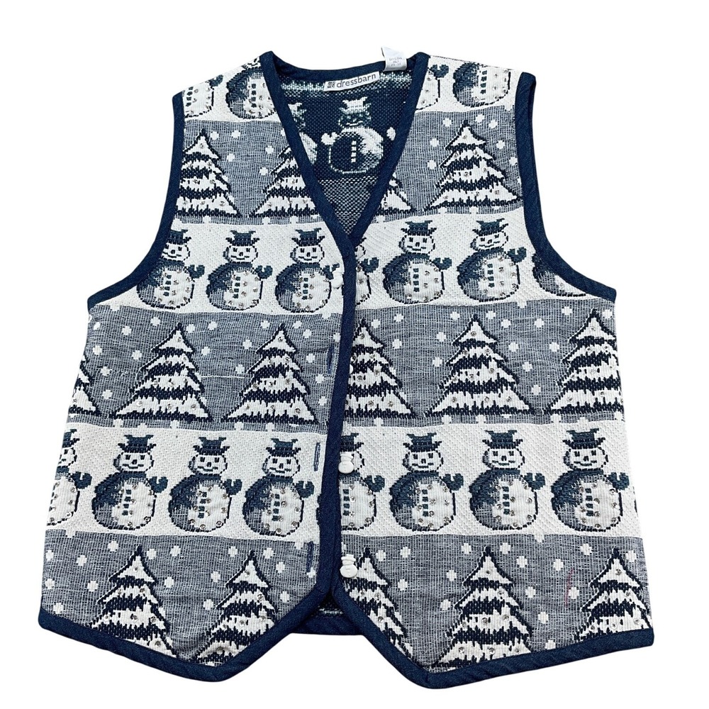 Dressbarn Vest Women Large Blue White Snowmen Buttons Bead Sequin Cotton NWT VTG